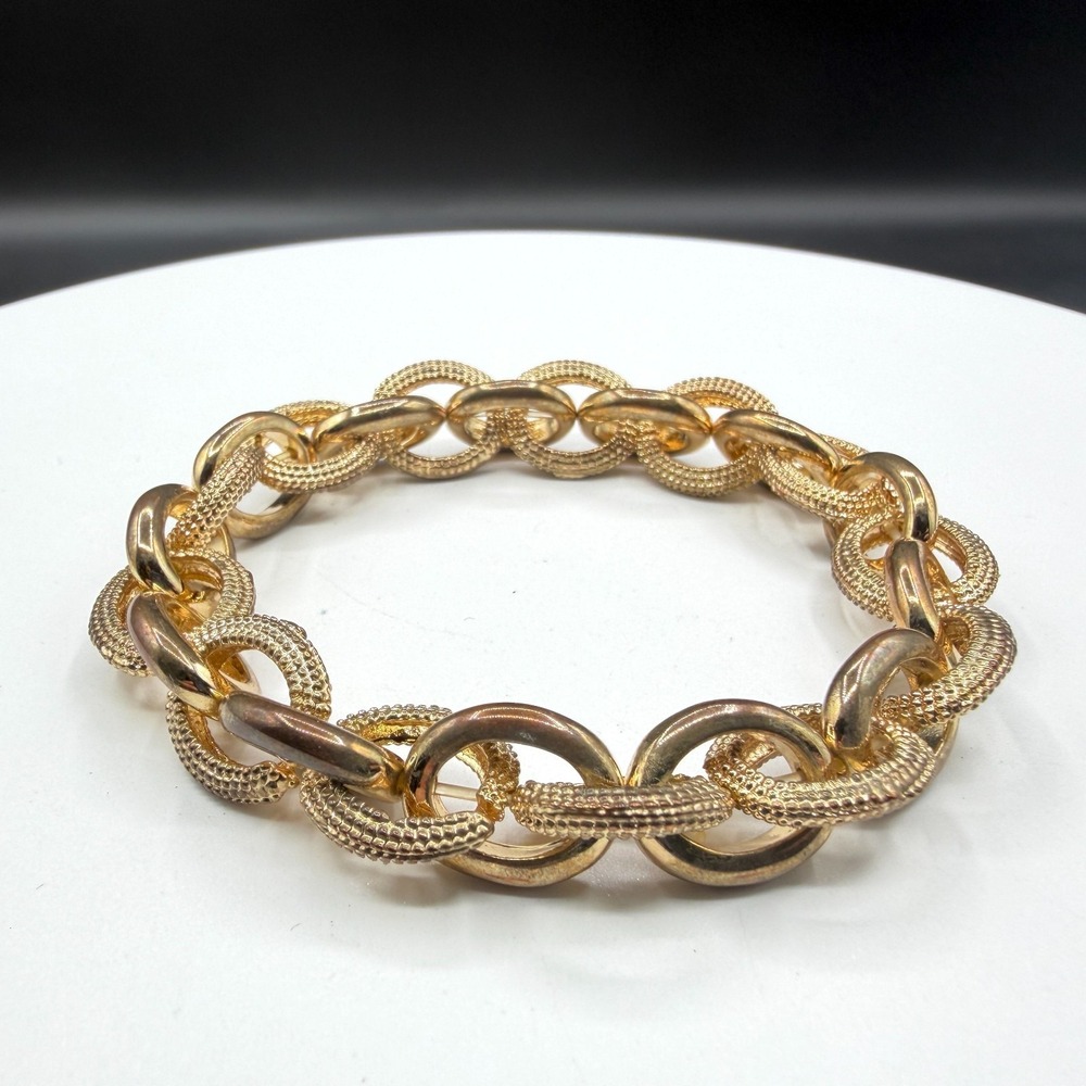 Gold Tone Textured Oval Link Chain Bracelet Chunky Statement Boho Style Gift